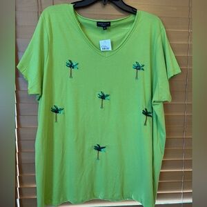 Alexis Taylor Woman NWT Vibrant Green Palm Tree Embroidered Tee. Size 2X